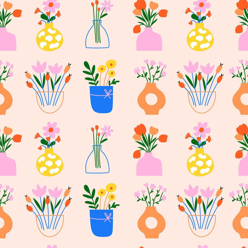 Seamles pattern with flowers in vase. vector