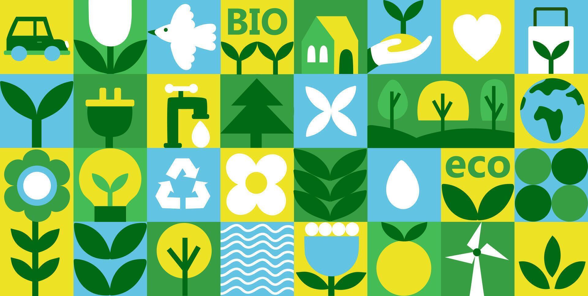 Geometric seamless eco pattern. Mosaic background with flowers, plants and simple shapes in Bauhaus style. Abstract eco concept. vector