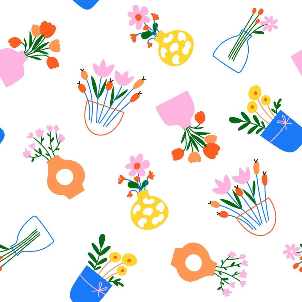 Seamless pattern with flowers in vase. vector