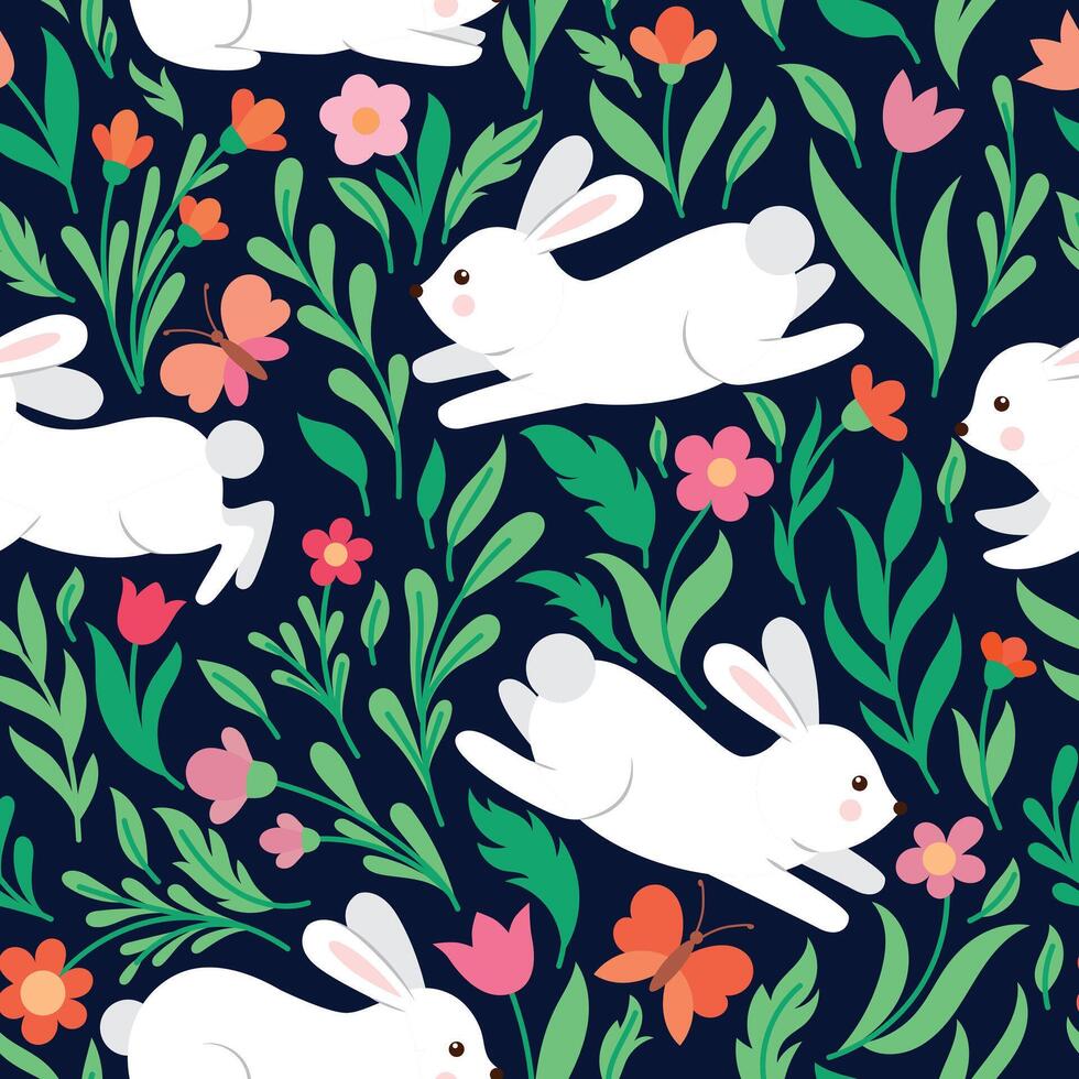 Pattern with cute rabbits and flowers vector