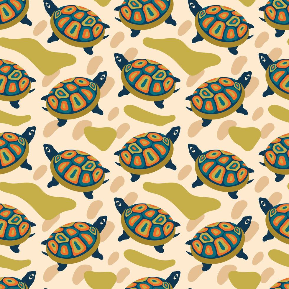 Sea turtle seamless pattern. Folk boho turtle on an abstract background. illustration for fabric, fashion, kids, background, packaging, wrapping paper, cover vector