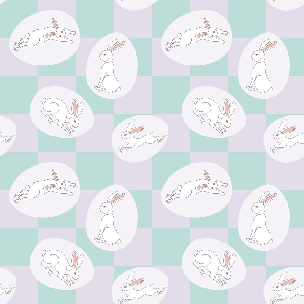 Seamless checkered pattern with white rabbits in organic egg shape. Easter bunny repeat wallpaper. Pastel green and purple background. vector
