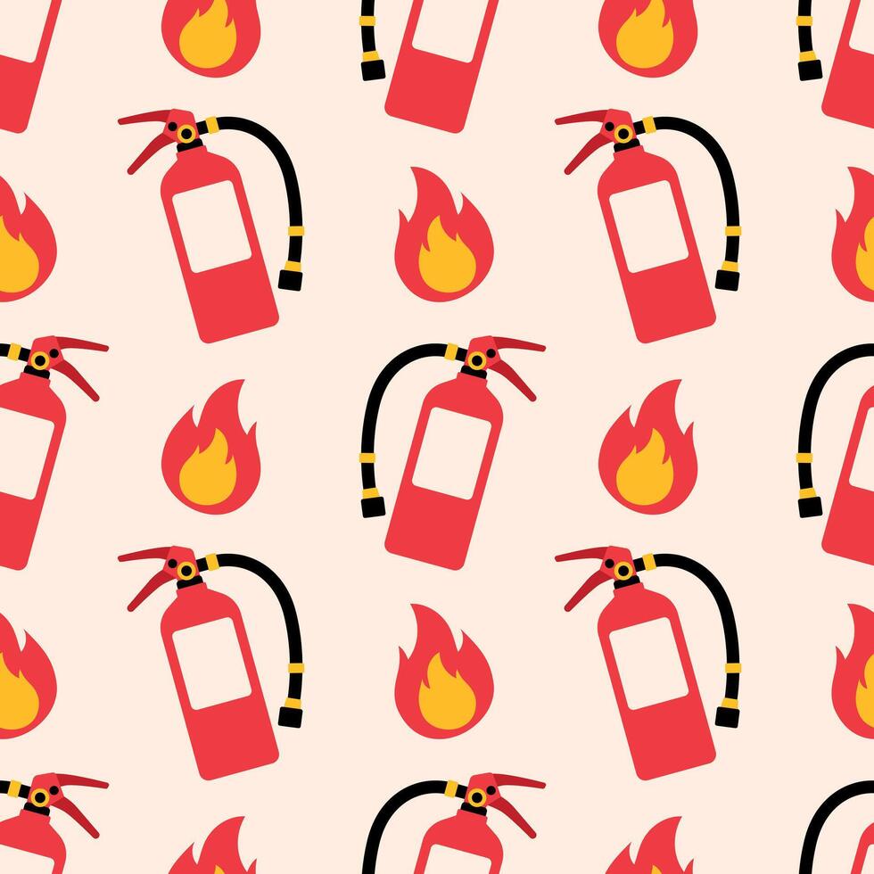 Fire extinguisher and fire seamless pattern. Extinguisher and fire with clip art style on a light background. illustration for background, firefighters day, wrapping paper, cover vector