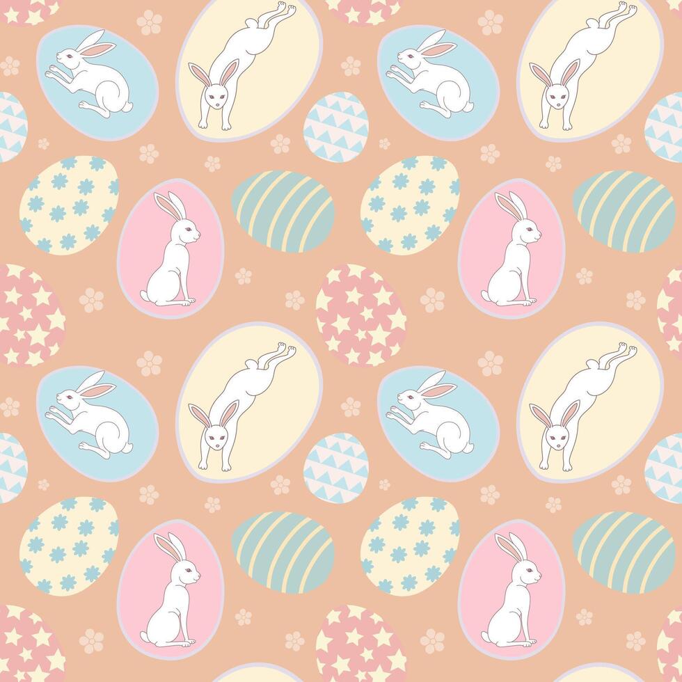 Seamless pattern with colorful easter eggs and white rabbits on old rose background. Bunny in organic shape on pastel orange wallpaper. vector