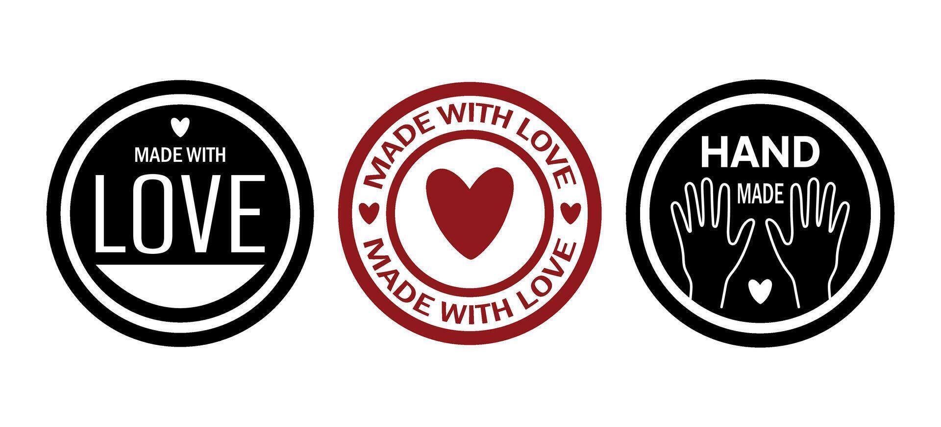 Handmade, made with love stamps, stickers set. Three isolated round elements. illustration for handmade products vector
