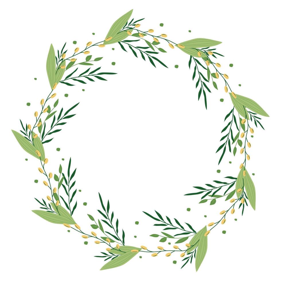 A wreath of green leaves and twigs. Natural round frame with beautiful greenery. An illustration on a white background with space for text. For decoration, invitations and postcards, advertising. vector