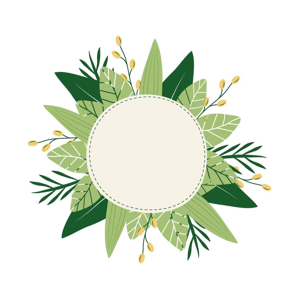 A round template with green leaves and a round place for text, in the flat style. Illustration. vector