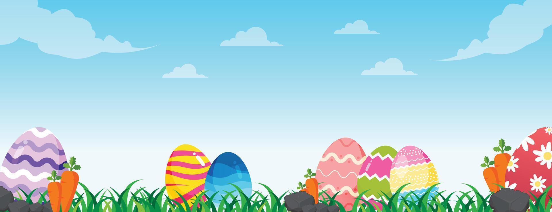 Easter eggs cartoon on meadow green grass banner. Spring lawn with painted egg and flowers. Happy easter banner background vector