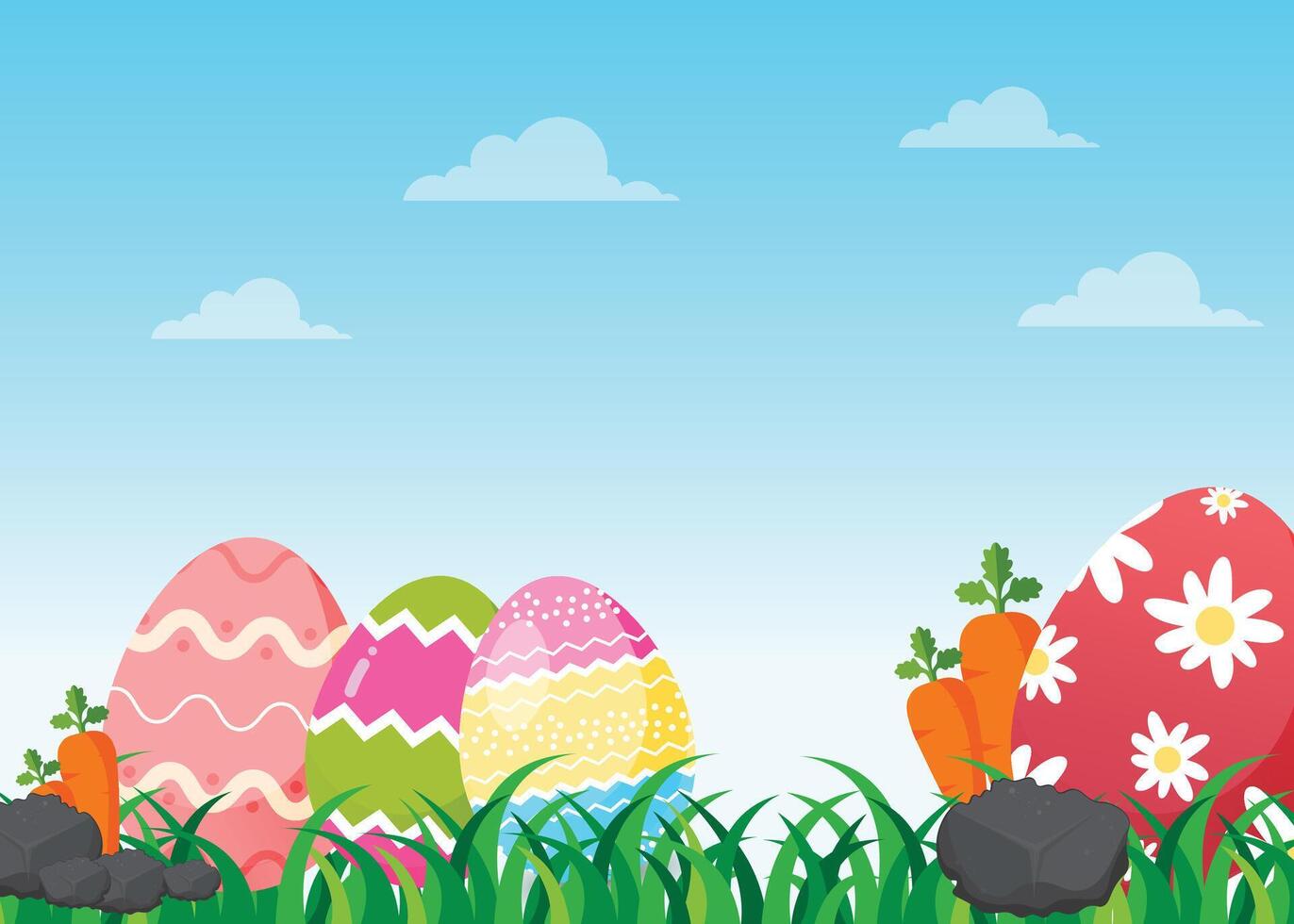 Happy Easter Egg on Meadow Background Banner. Modern Happy Easter Background With Colorful Eggs And Spring Flower. Template Easter Greeting Card vector
