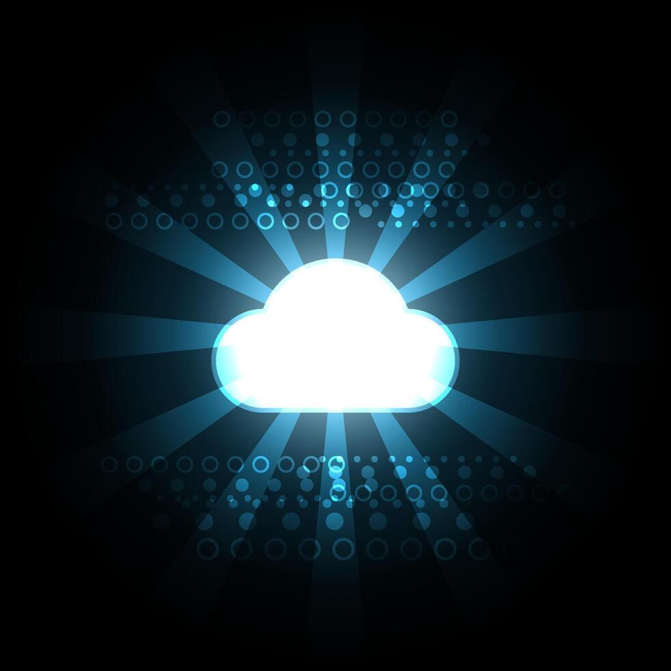 Digital Cloud An illustrative depiction of a radiant cloud emanating beams of light against a dark backdrop, symbolizing the expanse of digital connectivity. vector
