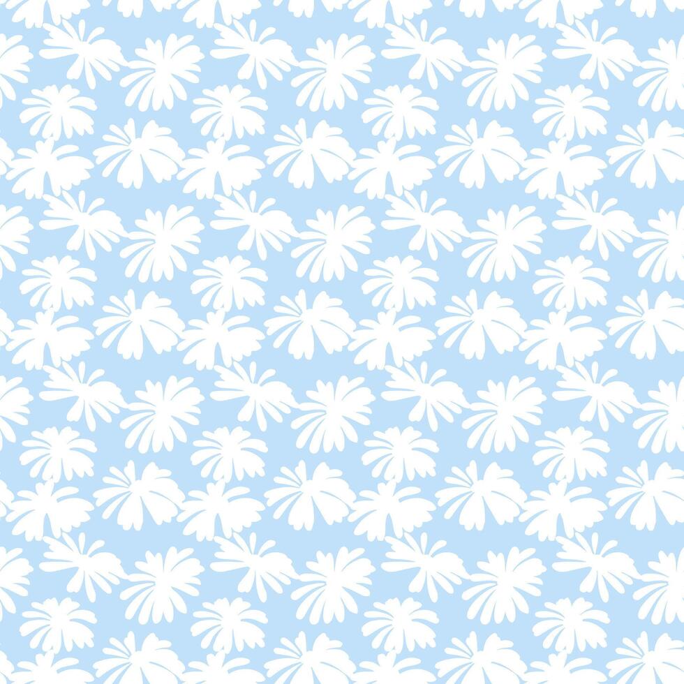 Seamless floral pattern with white tropical flower silhouettes on a pastel blue background. Ideal for fabric design, wallpapers, wrapping paper, and digital backgrounds. Feminine and exotic modern. vector