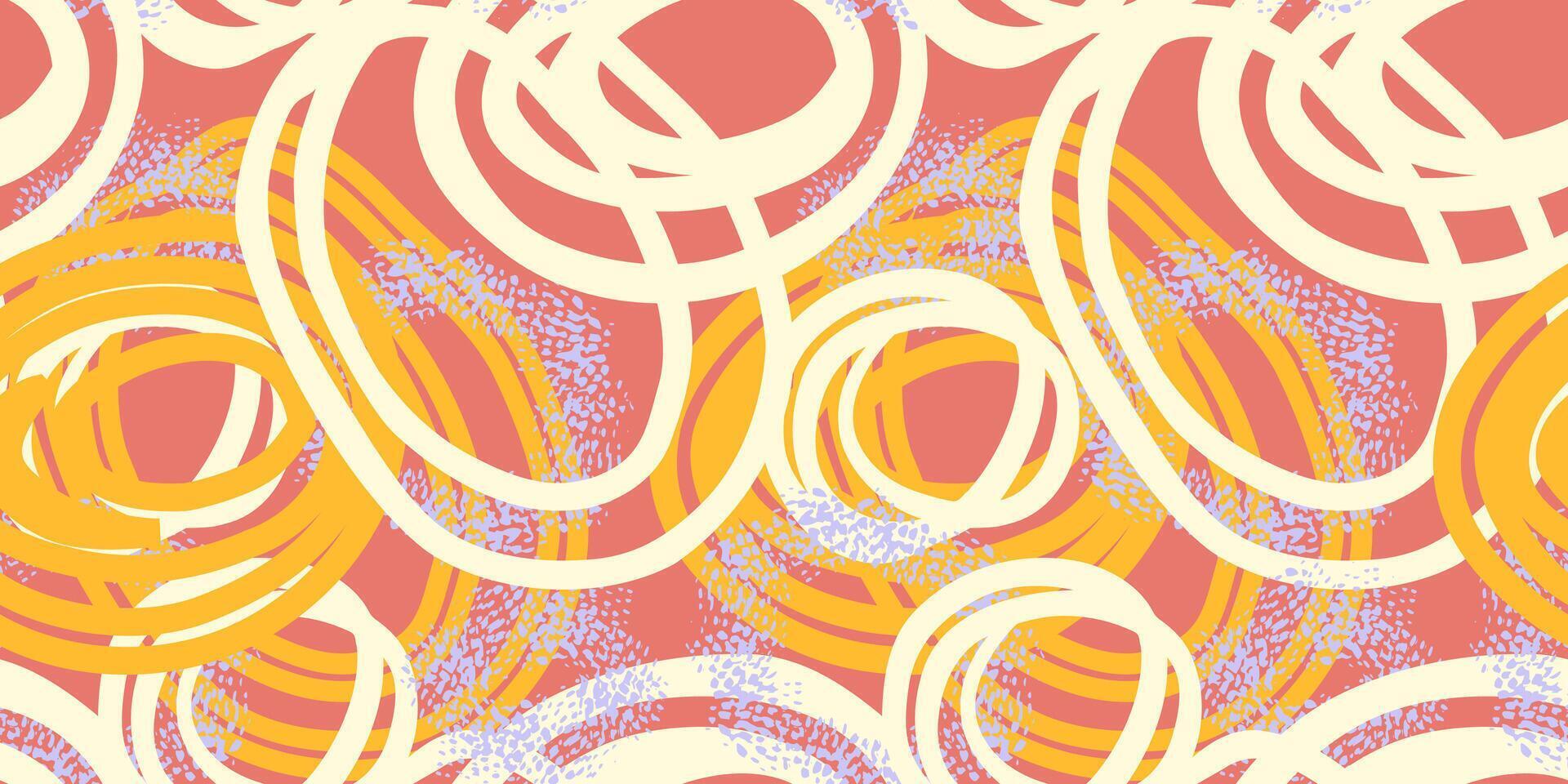 Seamless pattern with abstract hand drawn circles in yellow, white, violet tones. Dynamic, energetic brush strokes create a modern artistic design, perfect for textiles, packaging, wallpapers vector
