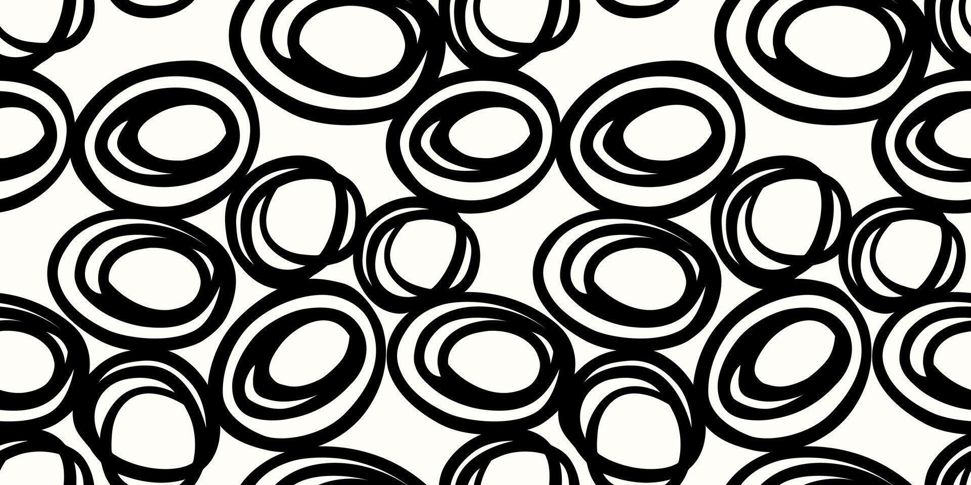 Seamless abstract pattern featuring hand drawn black circular shapes on a white background. Simple ornament print for modern textiles, gift wrapping, wallpapers, branding, and stationery design. vector