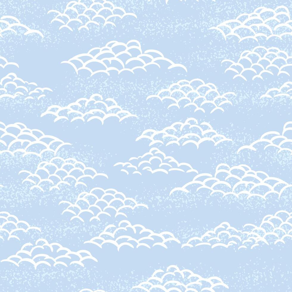 Seamless pattern with stylized white clouds on a soft blue textured background. Inspired by traditional Asian motifs, this elegant sky design is perfect for textiles, wallpapers, wrapping paper vector