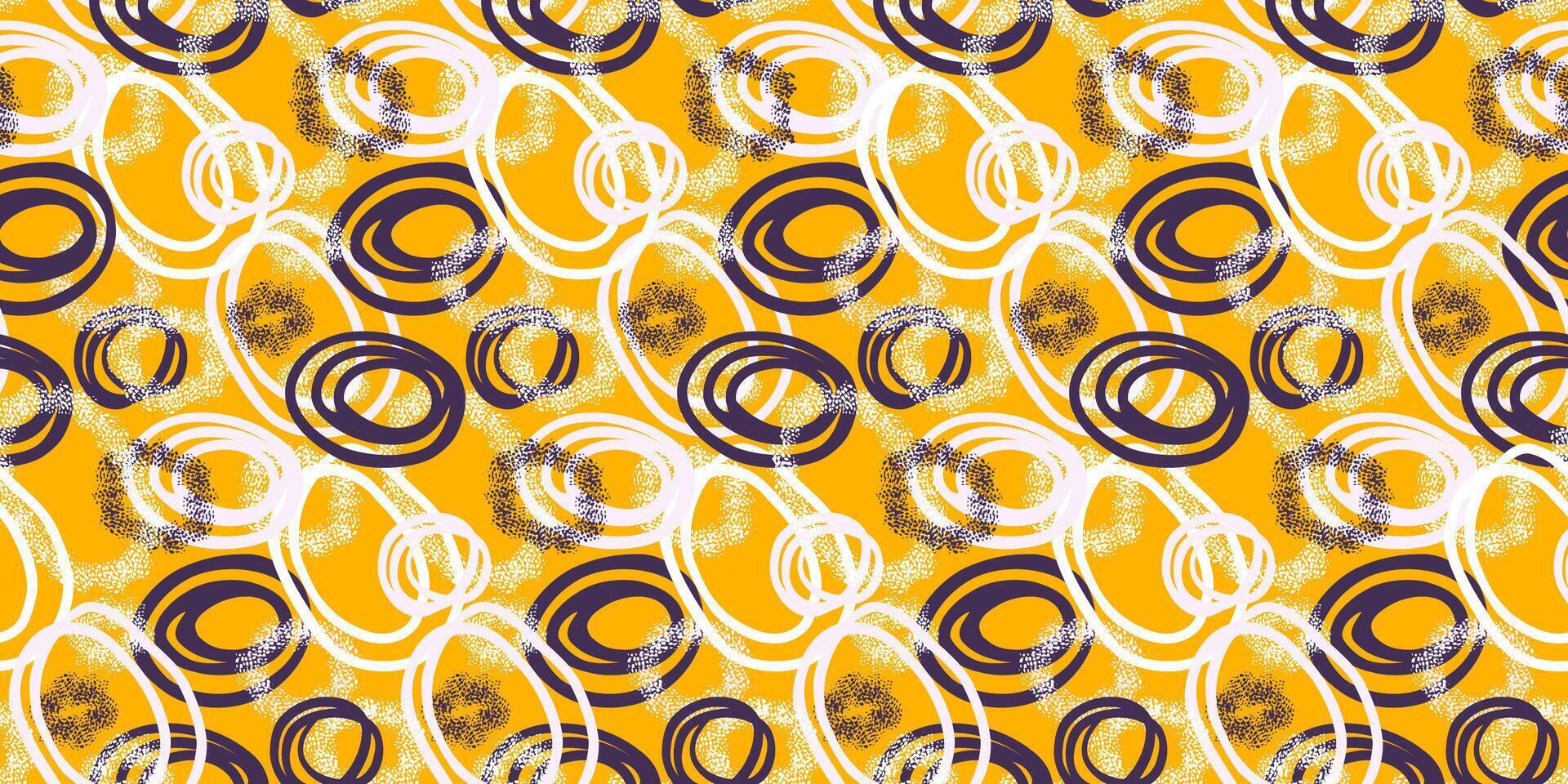 Modern abstract pattern featuring dynamic overlapping circles with dotted textures in dark purple and white on a vibrant yellow background. Artistic and energetic design, perfect for textiles vector