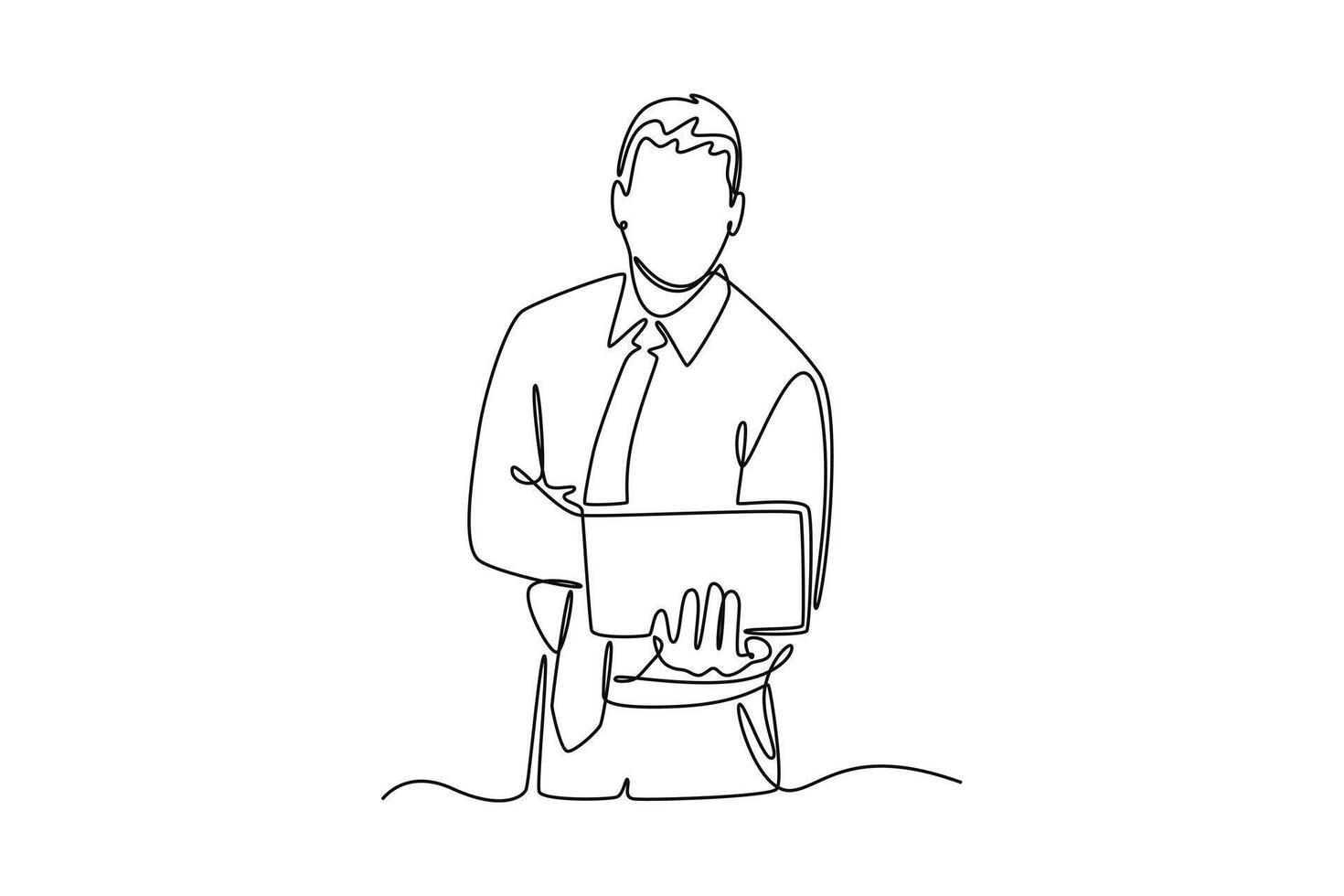 a confident young business man standing with laptop. Technology in business concept. Single line draw design. graphic illustration vector
