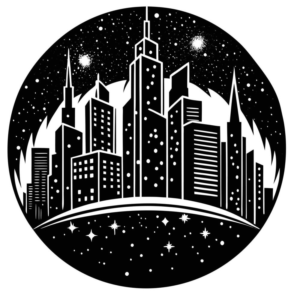A black and white illustration of a city with stars vector