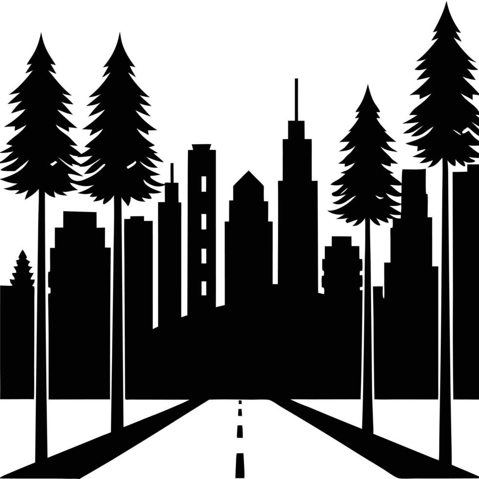 City silhouette with trees and road vector