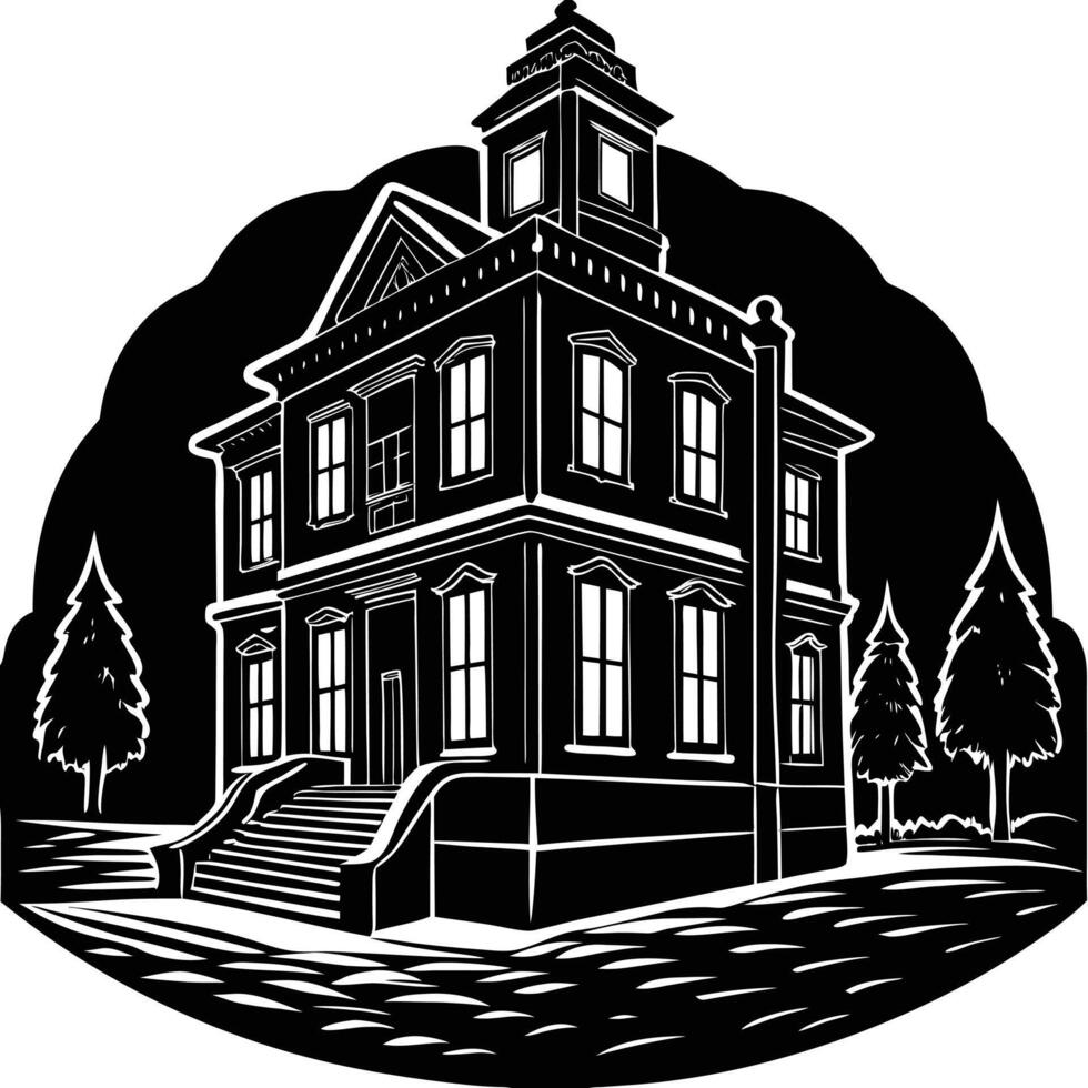 An old school house with a clock tower on top vector