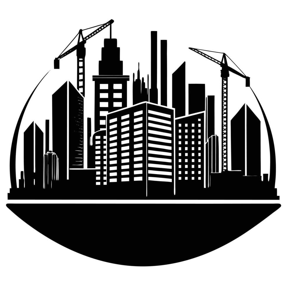 A black and white silhouette of a city with cranes vector