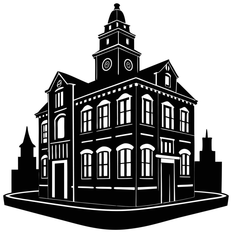 A black and white illustration of a building with a clock tower vector