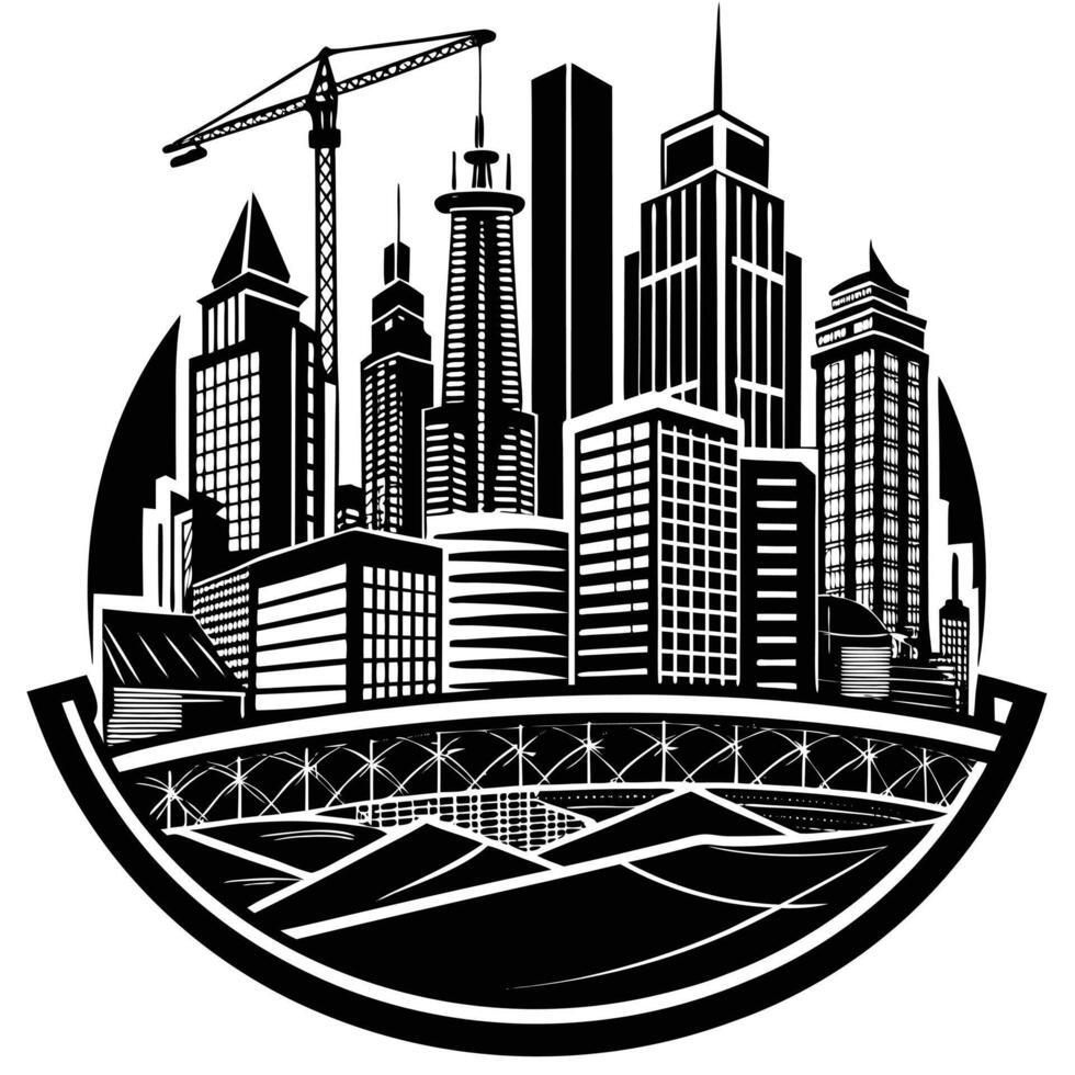 A black and white city skyline with a crane in the middle vector