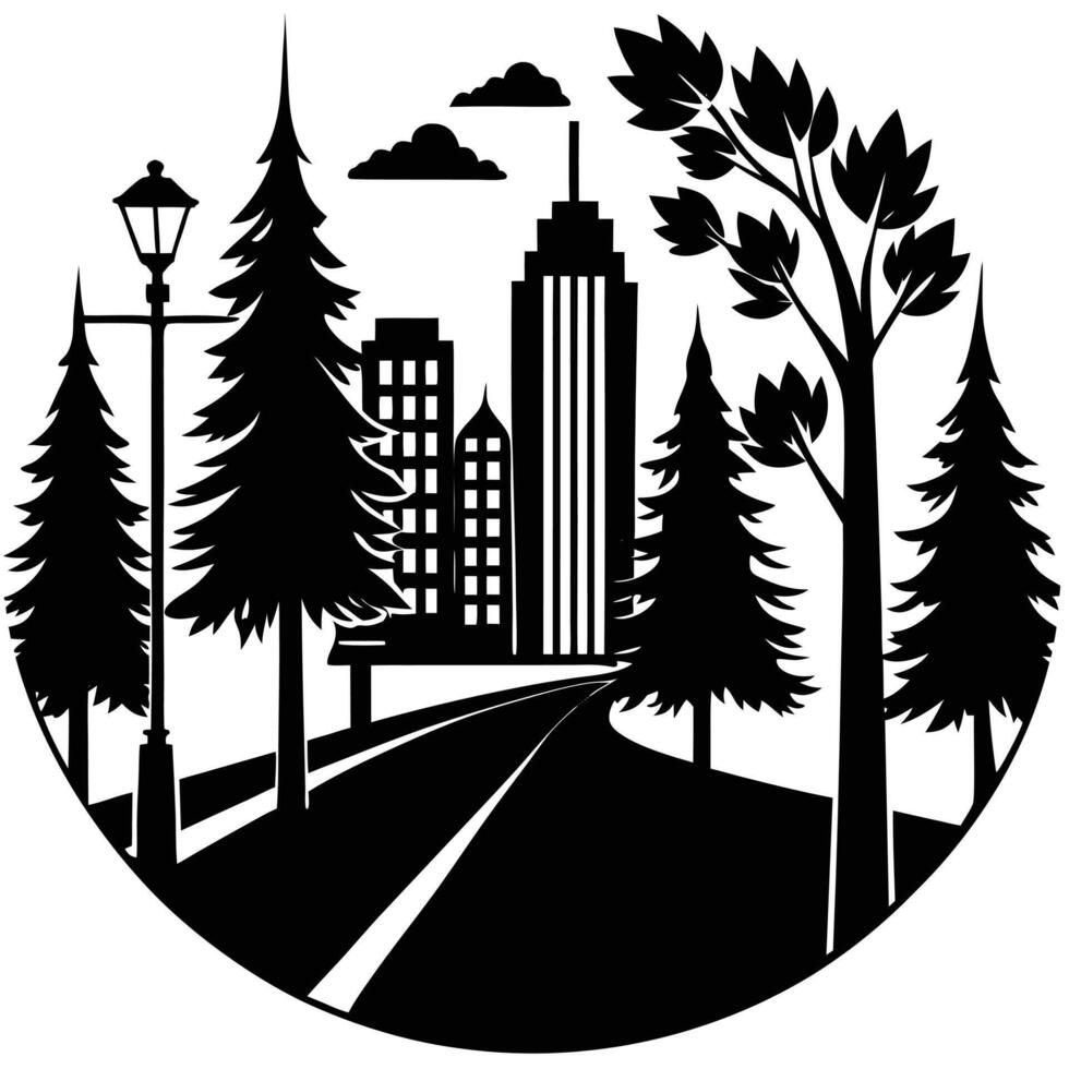 A black and white illustration of a city street and trees vector