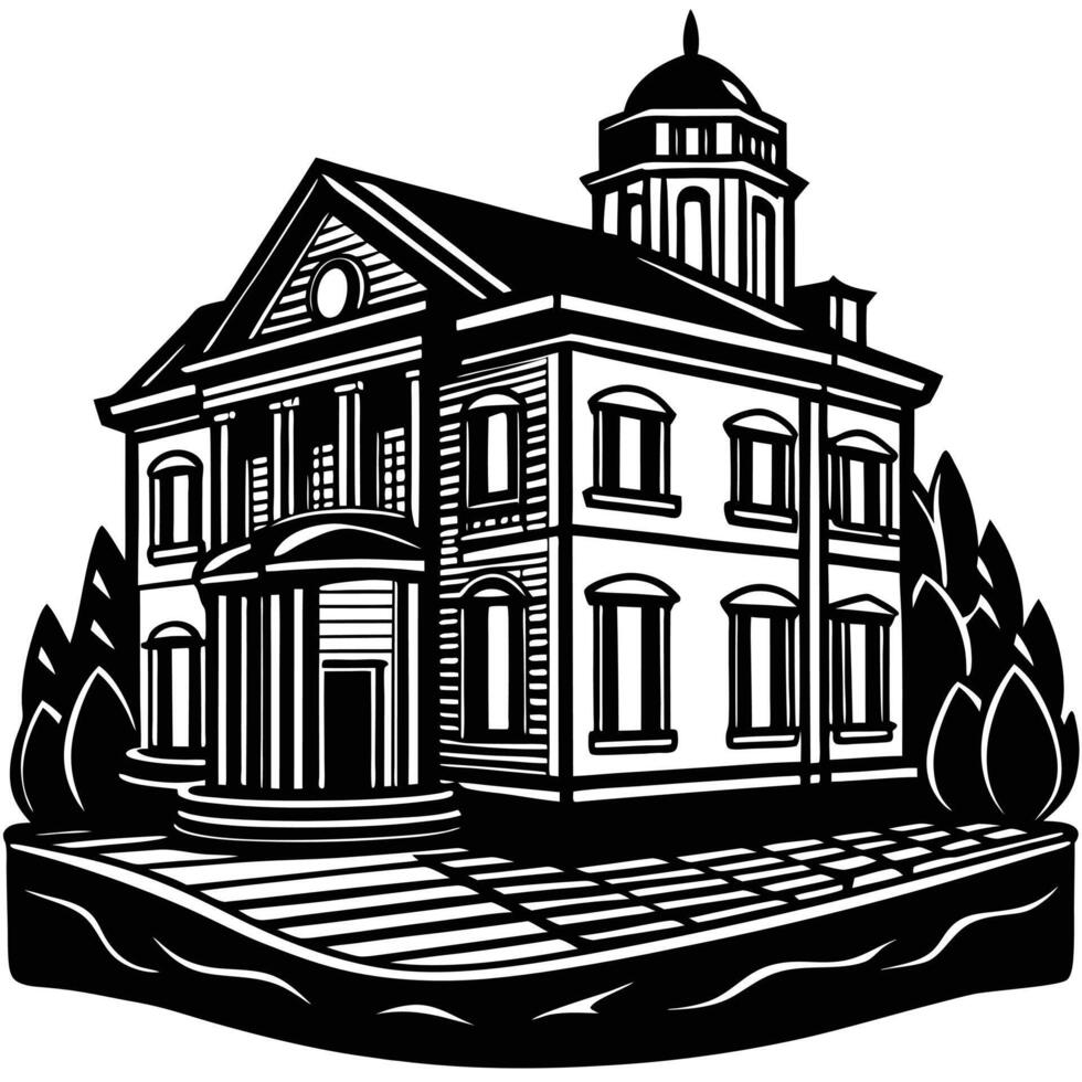 An old house with a clock tower and trees vector
