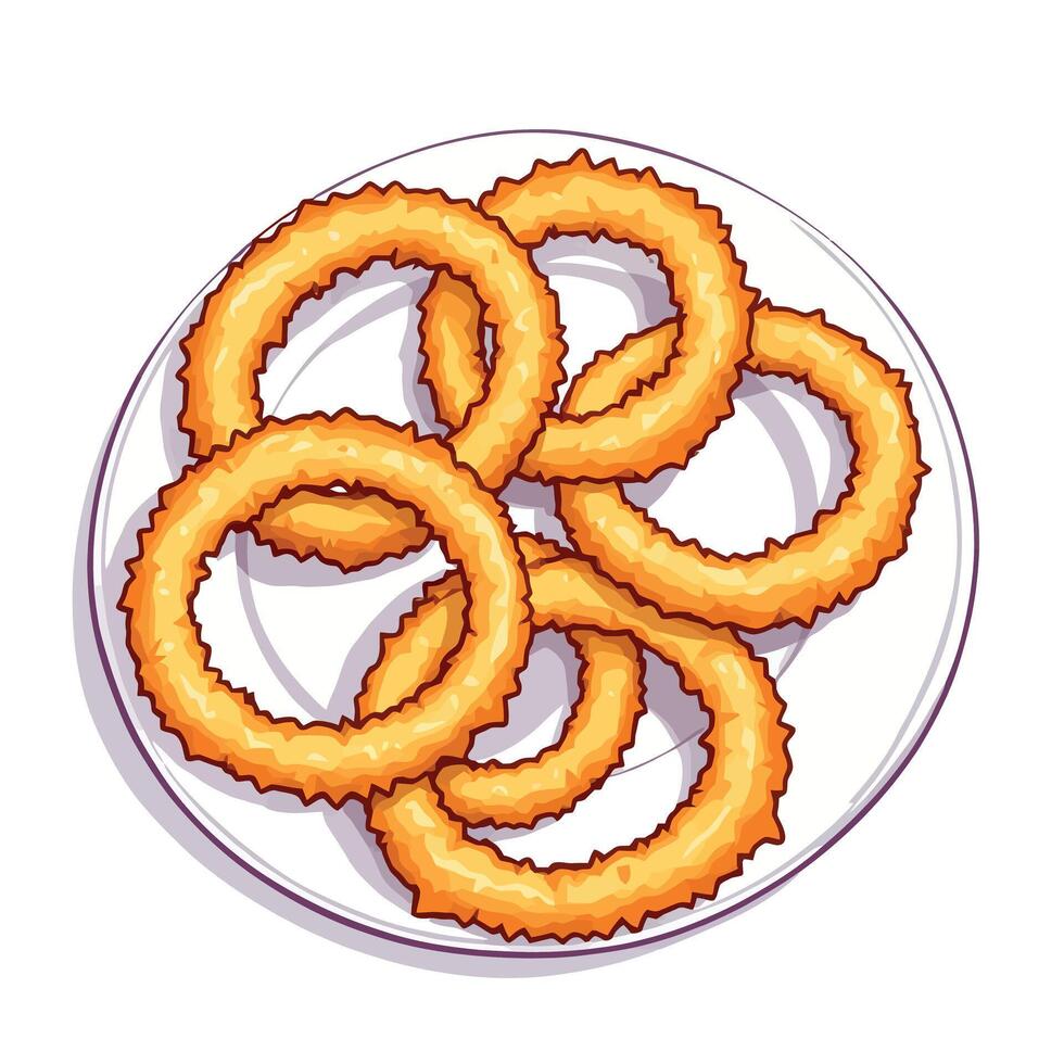 Crispy onion rings piled on white plate, tempting snack vector