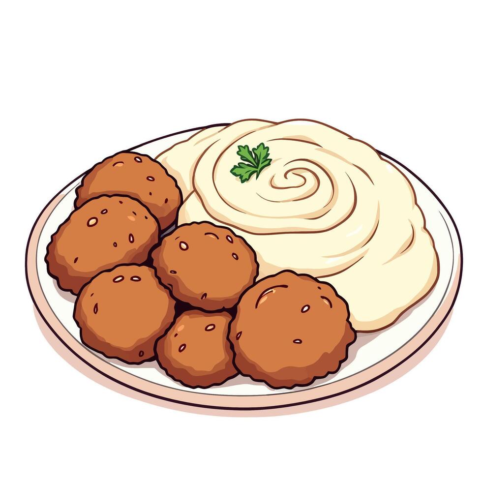 Delicious falafel balls served with creamy hummus on plate vector