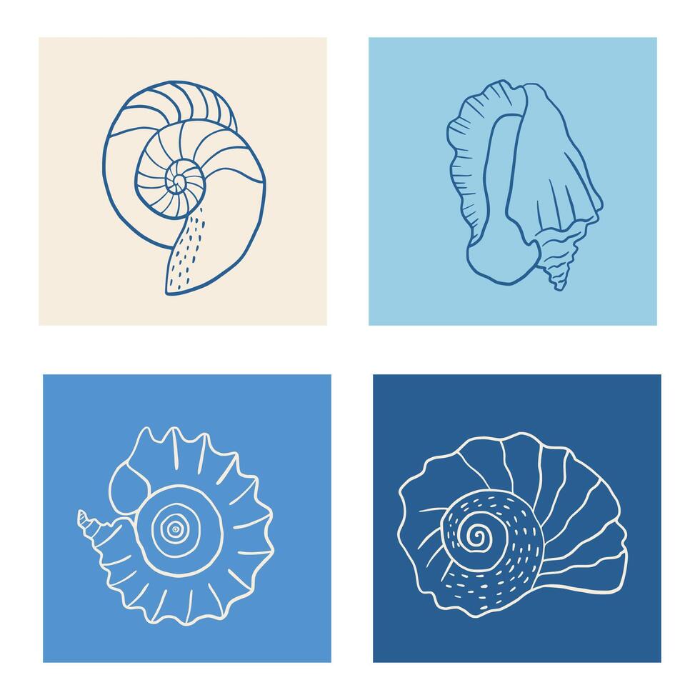 Set of background with hand drawn ink seashells. Summer coastal design elements for trendy poster, invitation, banner, menu cover. vector