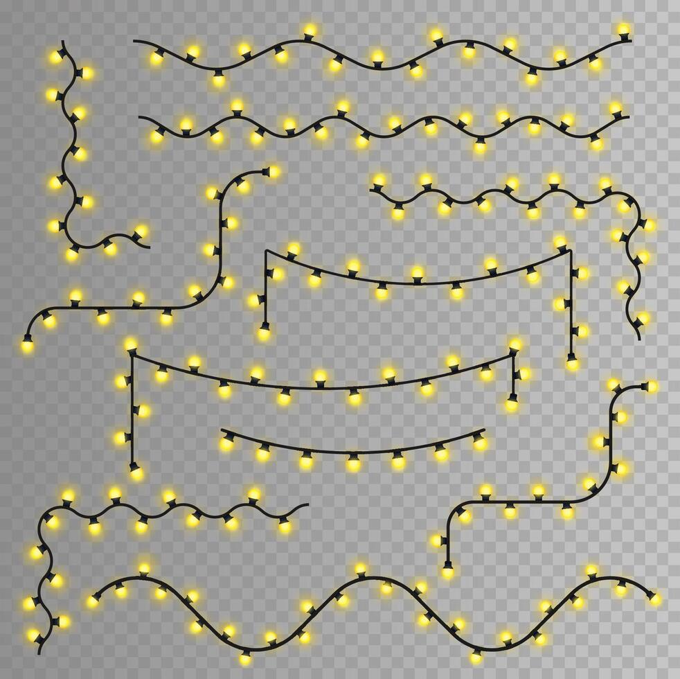Yellow Christmas lights set. Glowing garlands isolated design elements. For greeting card and holidays decoration. Illustration. vector
