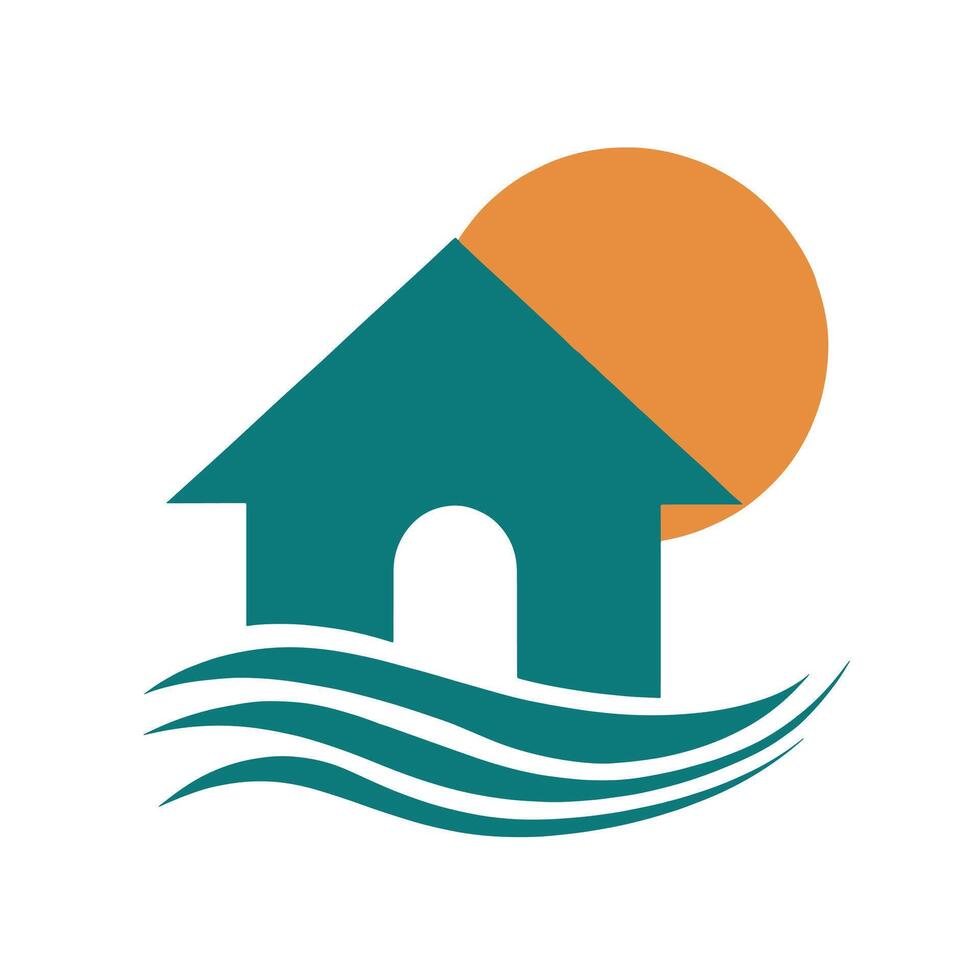 Modern House Logo with Sun and Waves Abstract Real Estate for Branding and Design vector