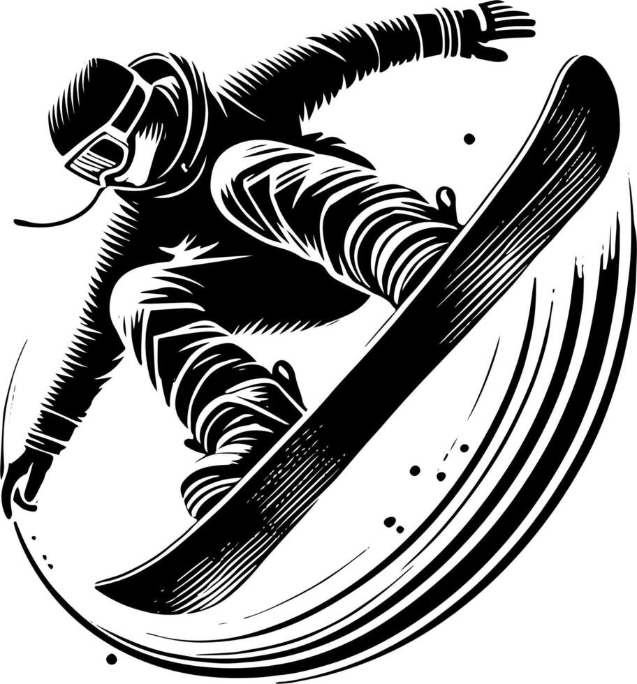 Snowboarder Performing A Trick Mid Jump, Black And White Snowboard Silhouette vector