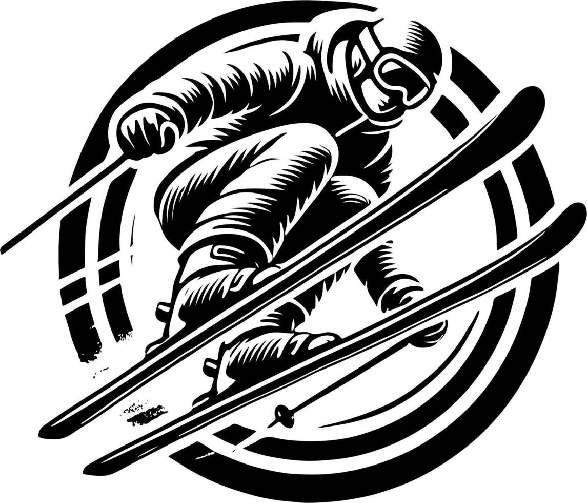 Skier Mid Jump, Black And White Ski Silhouette vector