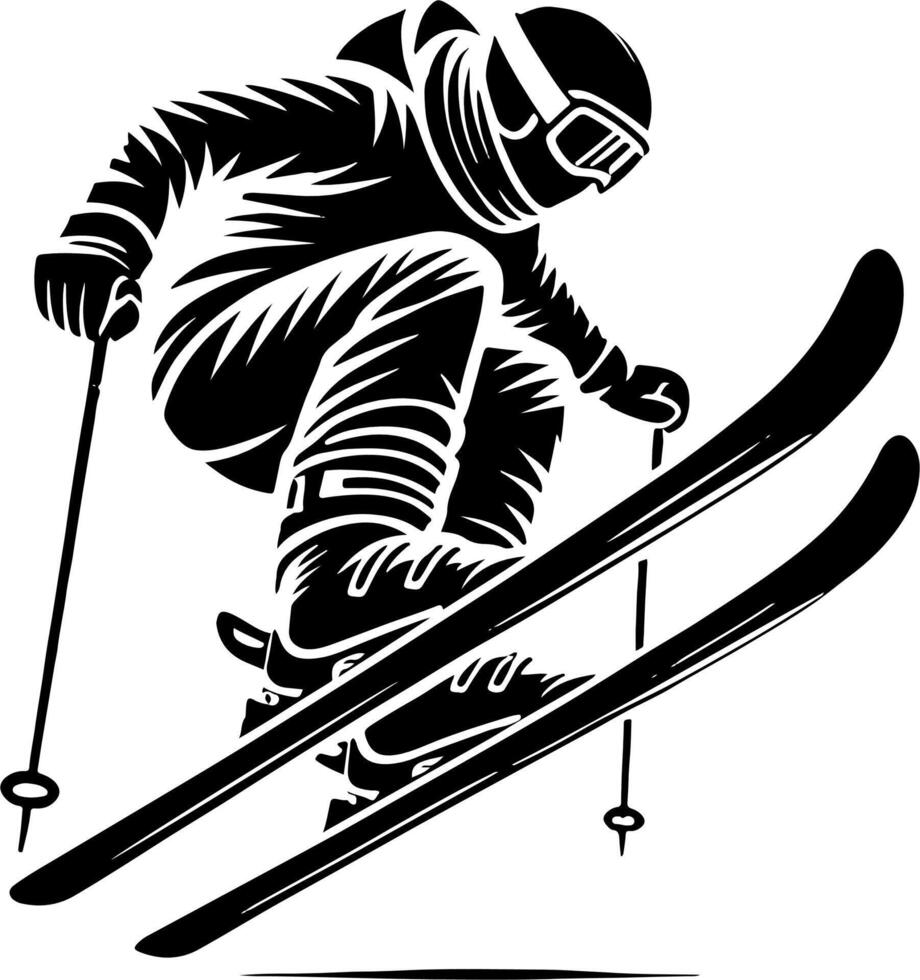 Skier Silhouette Mid Jump, Black And White Ski Silhouette vector