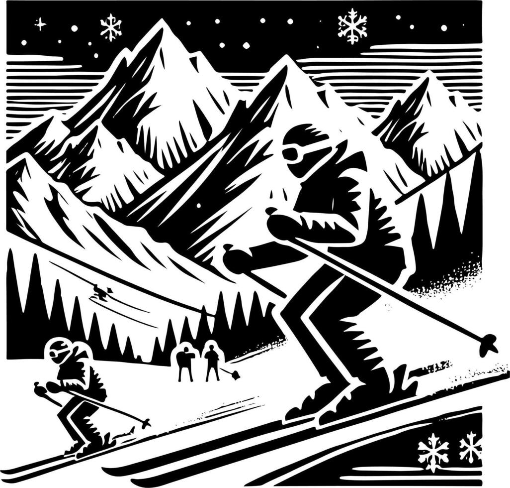 Skiers On A Mountain Ski Slope, Black And White Ski Silhouette vector