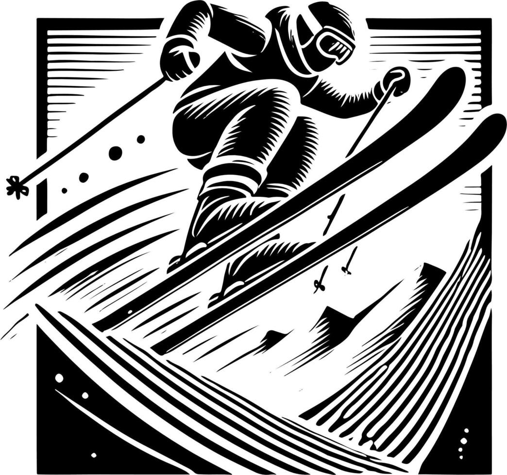 A Skier Mid Jump On A Mountain Pass, Black And White Ski Silhouette vector