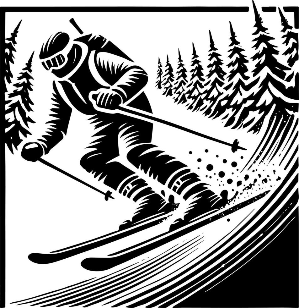 Skier On A Mountain Ski Slope, Black And White Ski Silhouette vector