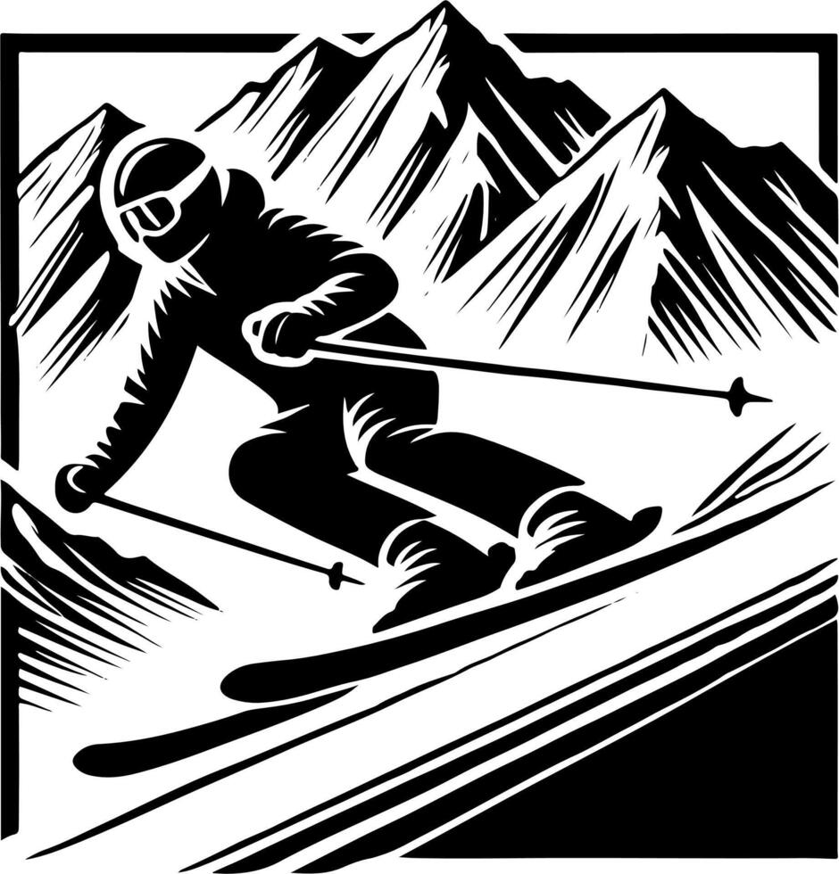 Skier Going Down A Mountain Ski Slope, Black And White Ski Silhouette vector