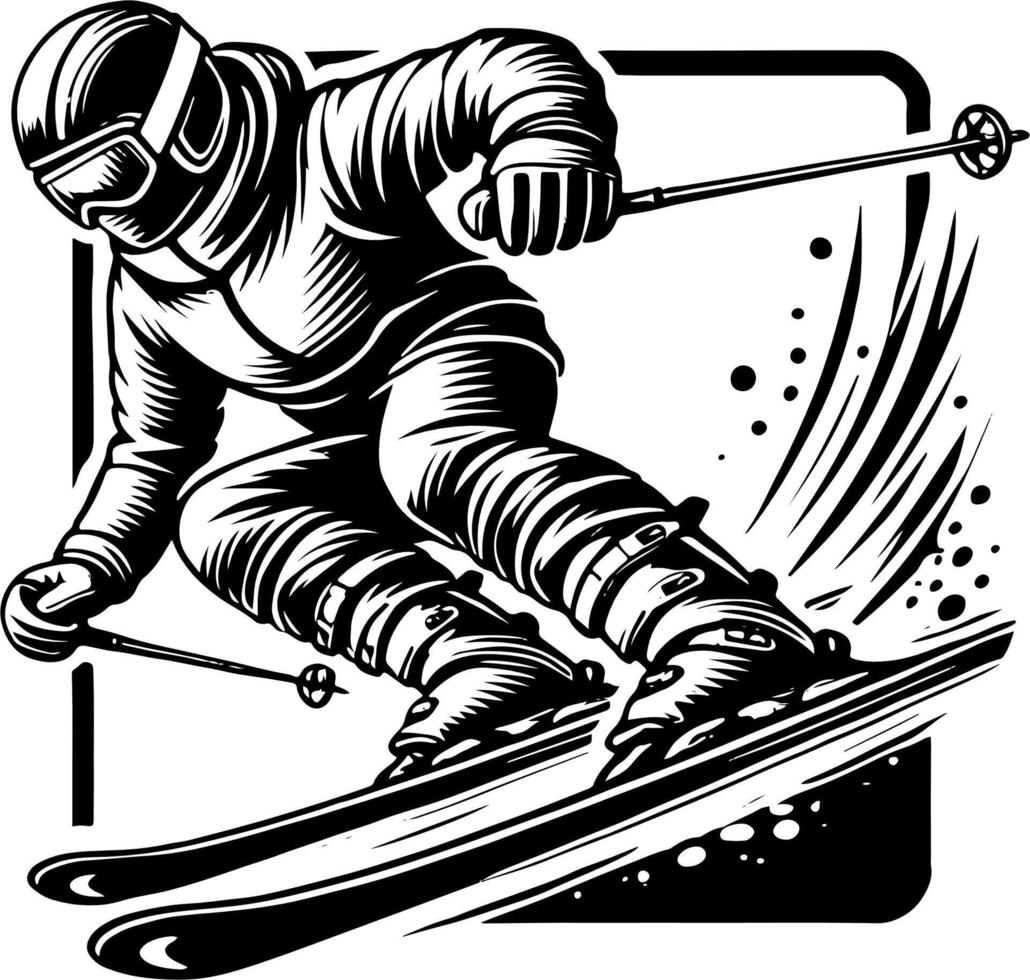 Skier Carving On A Mountain Ski Slope, Black And White Ski Silhouette vector