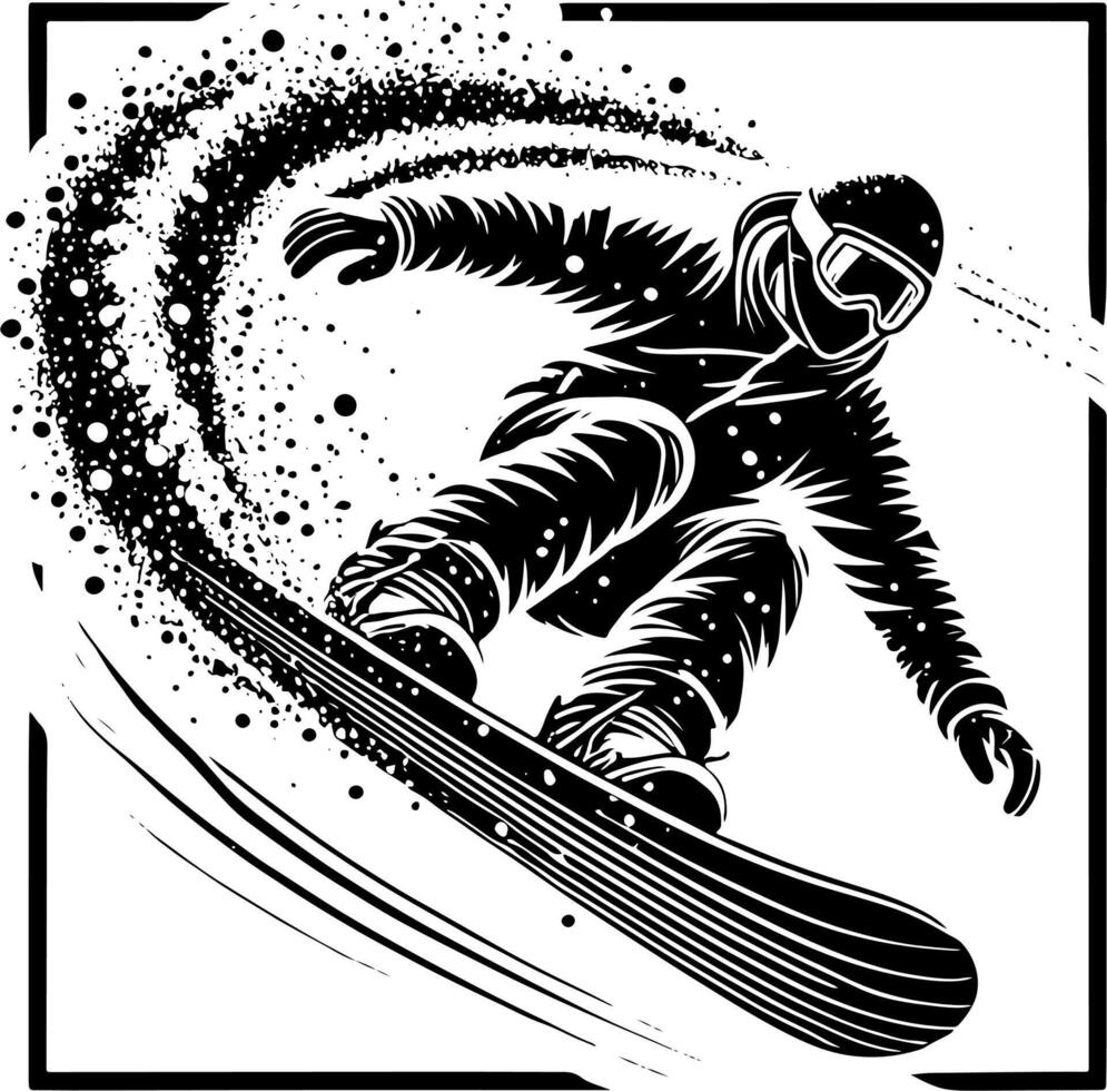Snowboarder Carving Up A Slope, Black And White Snowboard Silhouette vector