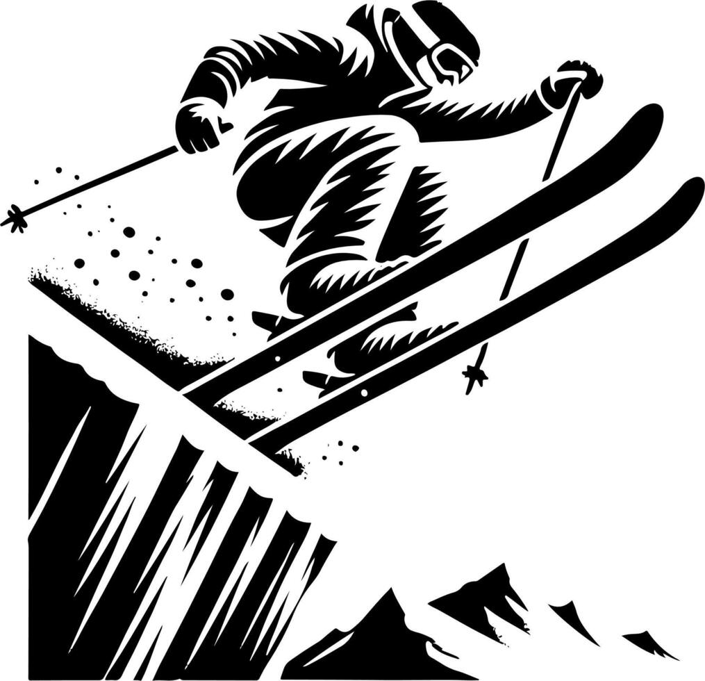 Skier Taking A Jump On A Mountain Ski Slope, Black And White Ski Silhouette vector