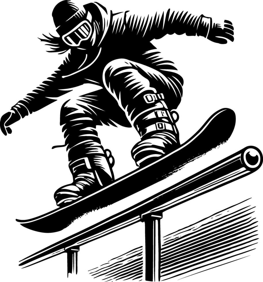 A Snowboarder Performing A Grind On A Rail, Black And White Snowboard Silhouette vector