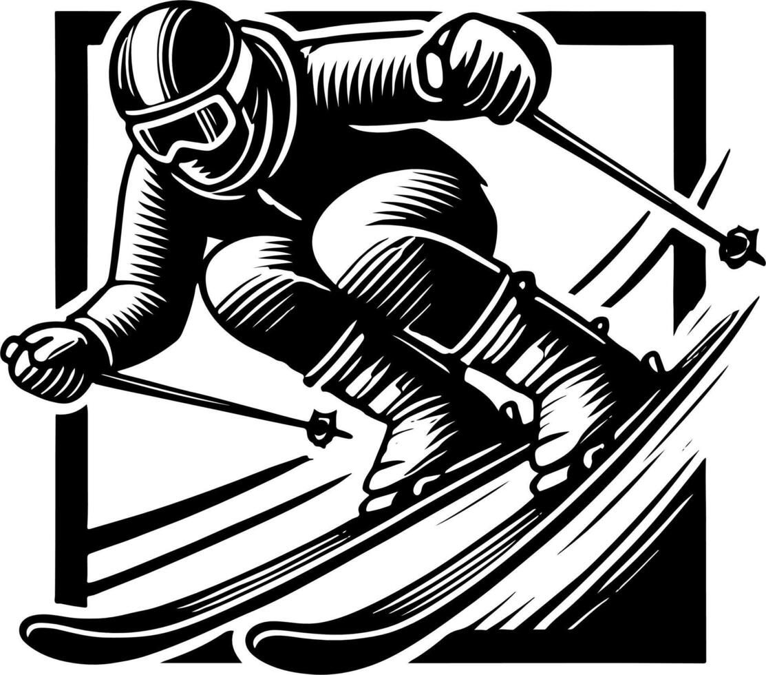 A Skier Racing Down A Slope, Black And White Ski Silhouette vector