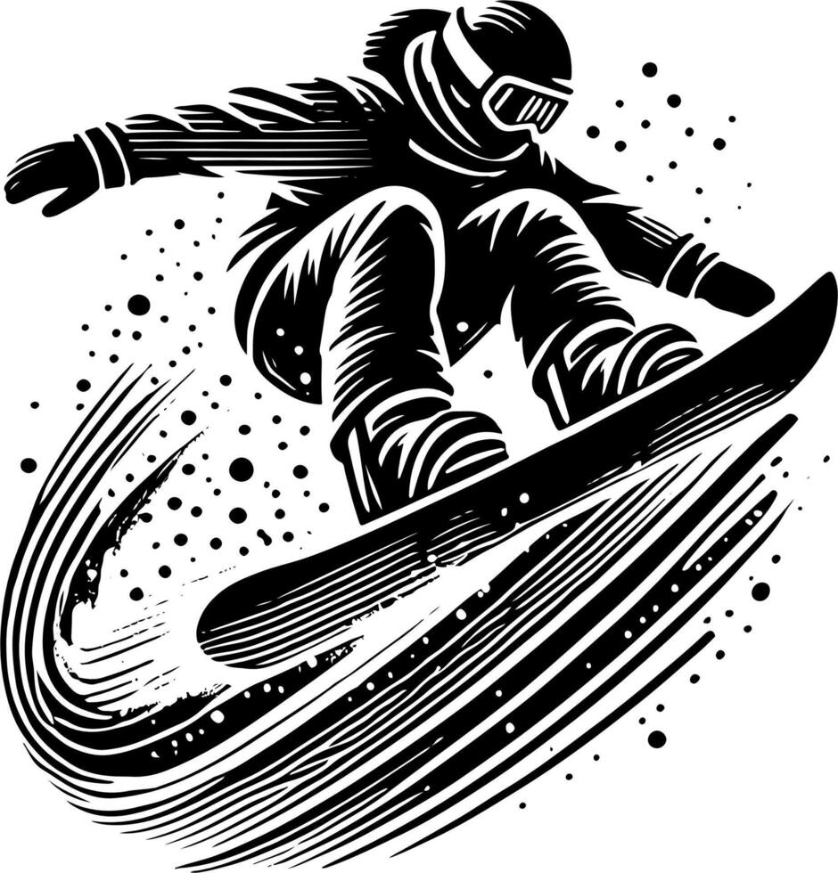 Snowboarder Doing A Trick During A Jump, Black And White Snowboard Silhouette vector