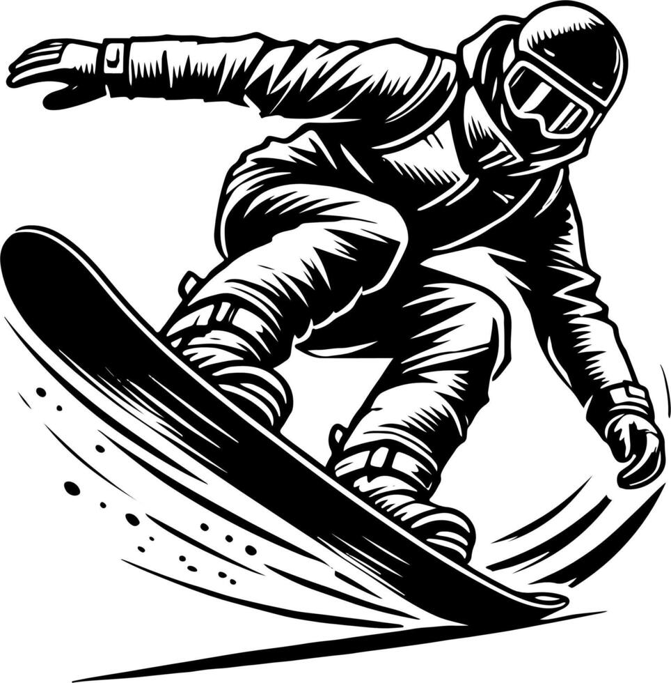 Snowboarder Launching Into A Jump, Black And White Snowboard Silhouette vector