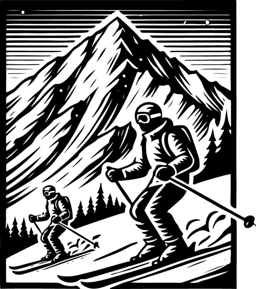 Skiers Going Down A Mountain Ski Slope, Black And White Ski Silhouette vector