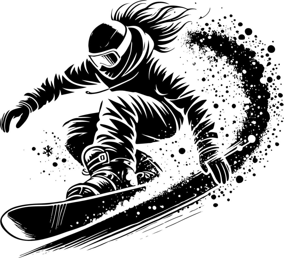 Female Snowboarder Carving Up A Slope, Black And White Snowboard Silhouette vector