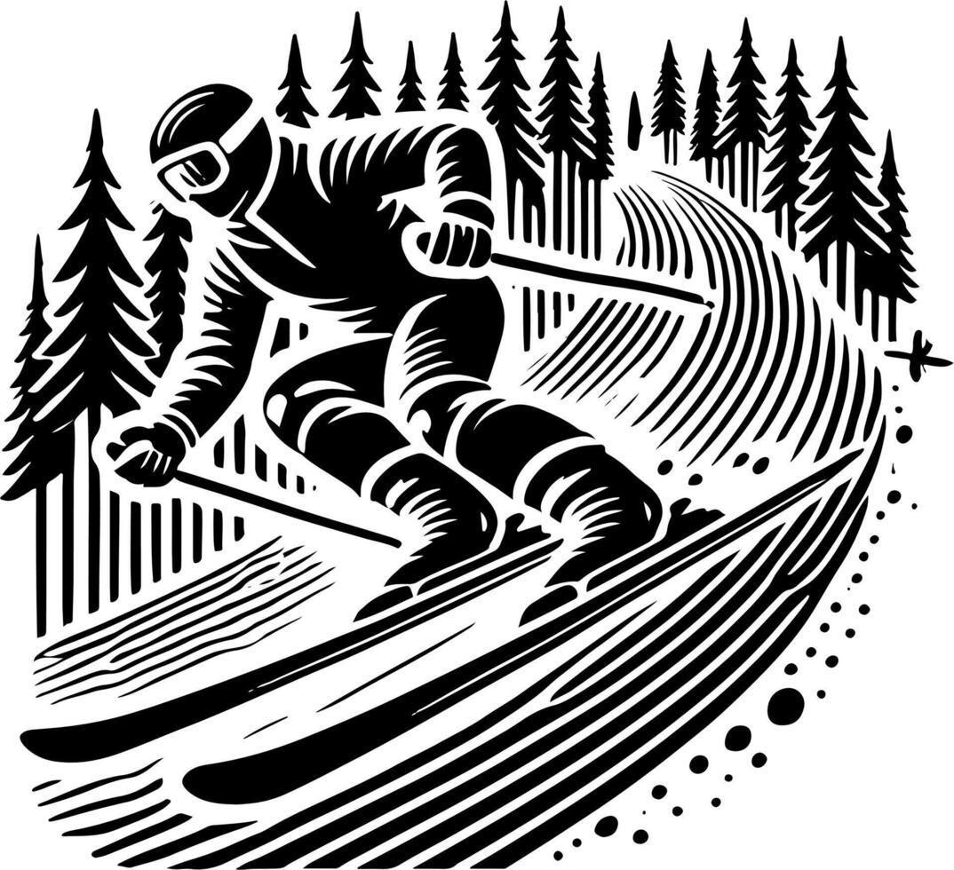 Skier Flying Down A Mountain Ski Slope, Black And White Ski Silhouette vector